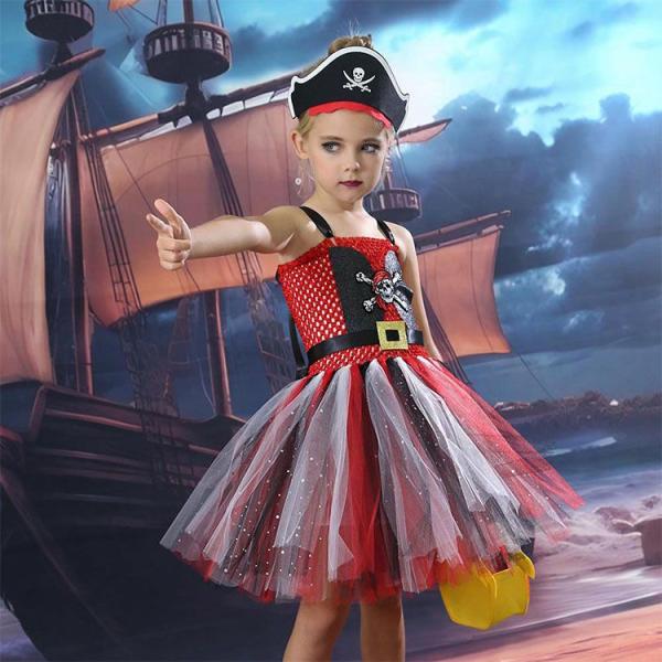 海賊 赤 黒 髑髏柄 コスプレ ハロウィン 女の子 子供衣装 可愛い ワンピース チュールスカート ...