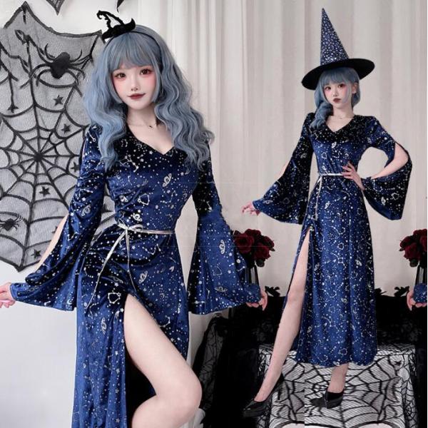 ハロウィン 占い師 コスプレ衣装 女性 大人 仮装 星空元素 星月柄 ロングドレス スリット入り フ...