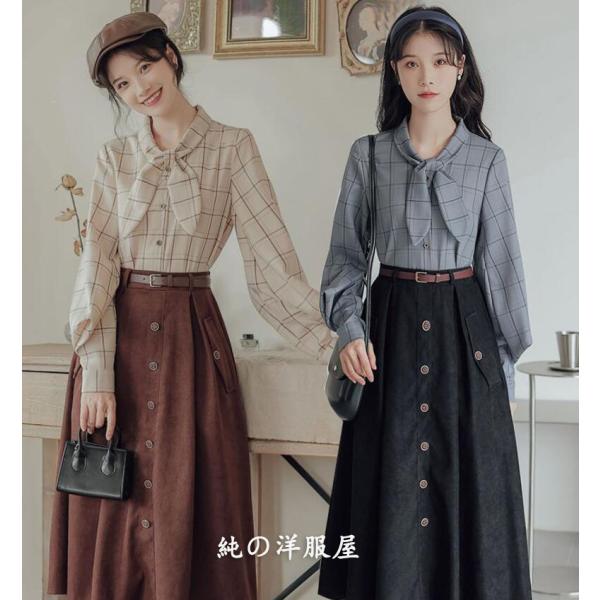 レトロ シャツ＋スカート2点セット 2022年春新作 森ガール 長袖 ブラウス リボン チェック柄シ...