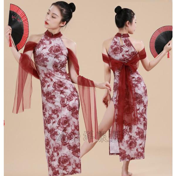 ダンスウェア チャイナドレス 中国古典舞踊ダンス衣装 レディース 中華ダンス 衣装 ショール リボン...