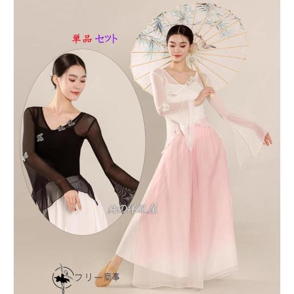 蝶々 チャイナ風民族ダンス衣装 レディース 中華古典舞踊 演目 衣装 長袖 Ｖネック メッシュ シー...