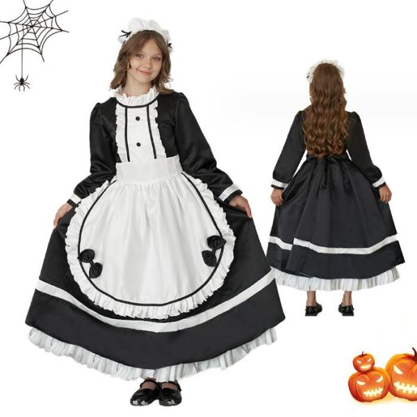 メイド服 子供メイド服ワンピース長袖 メイドコス 膝丈 ロング丈ロリータワンピース クリスマス　ハロ...