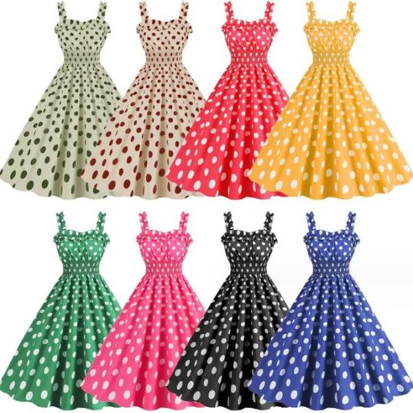 レトロワンピース　カラードレス 9色 レディースワンピース　大きい裾ワンピース　水玉柄 ロング丈/ミ...