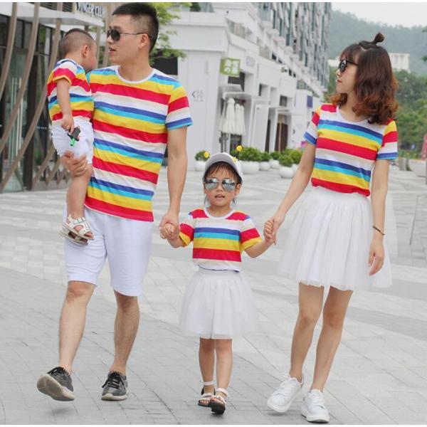 親子ペア家族お揃い衣装　ボーダー柄ｔシャツのみ　ペアルック　虹柄　海旅行　親子ペア学園活動　ママパパ...