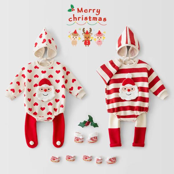 サンタクロース ロンパース フード付き ベビー クリスマス サンタ帽子 ベビー服 長袖 ストライプ ...