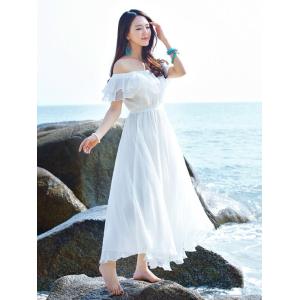 シフォンワンピース　サンドレス　白　フレアロングワンピース　可愛いビーチワンピ　ハワイボヘミア風ドレ...