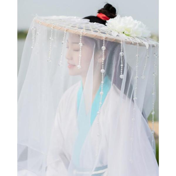 中華撮影道具 ロングベール付笠 かぶりかさ フェイスベール 漢服?唐服用中国古代古典風髪飾り 大きい...