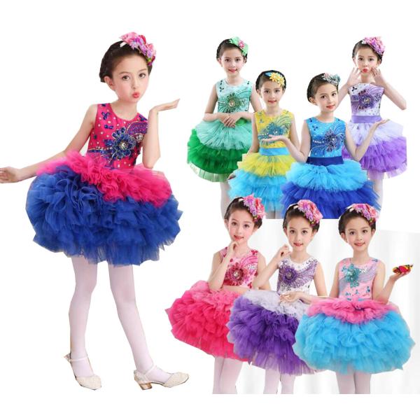 ワンピース　子供ダンス衣装　女の子チュールワンピース　スパンコール＆3D花豪華舞台ステージダンス衣装...