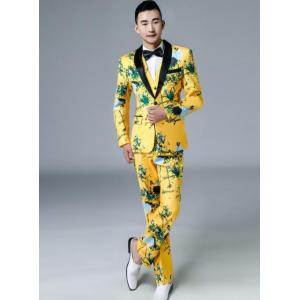 黄色メンズスーツ三点セット！豪華花柄プリントスーツセット　花柄ジレベスト＋パンツ＋テーラードジャケッ...
