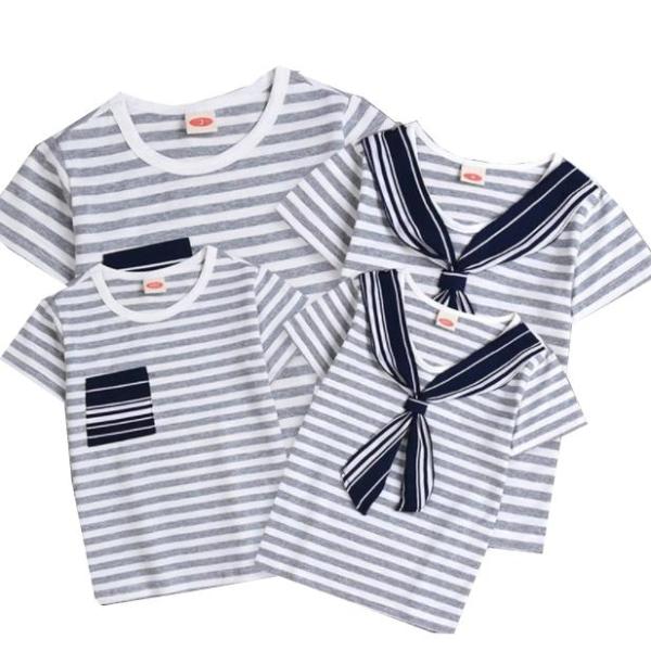 夏親子ペアルック　マリン風Tシャツ　ボーダー柄ブラウス　トップス　メンズ　レディース　女の子　男の子...