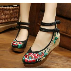 5cm厚底チャイナ靴　中華花刺繍手作り中国靴　布素材　レディースチャイナシューズ　北京靴　森ガールス...