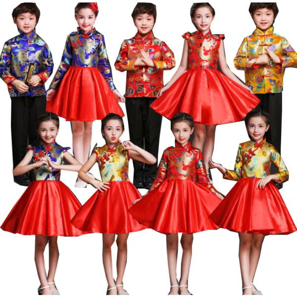 中国風子供ダンス衣装　キッズ舞台衣装　中華風龍刺繍　女の子チャイナワンピース　チャイナドレス　男の子...