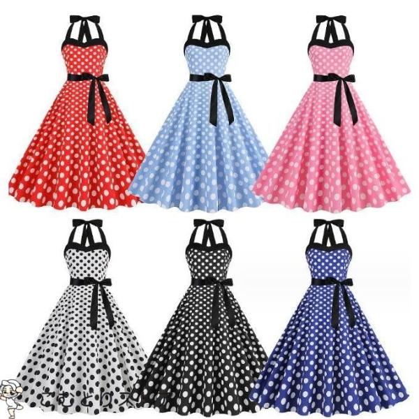 キャミソールドレス レトロワンピース 水玉柄ドレス リボン付き 美レトロワンピース 6色 ワンピース...