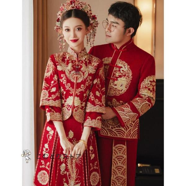 中華服 レディース メンズ 中国古典結婚式 新郎 新婦 衣裳上下2点セットアップ 七分袖 長袖 チャ...
