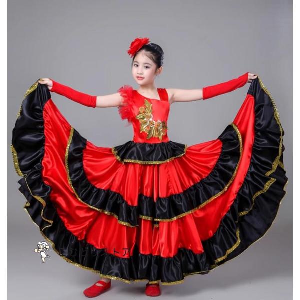 女の子 社交ダンス ワンピース フラメンコ ドレス 子供 舞台 ステージ 衣装 赤に黒いフリル 裾に...