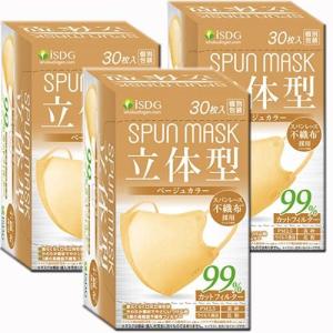 30枚入x3箱 90枚 ベージュ ISDG 医食同源　立体型スパンレース不織布カラーマスク