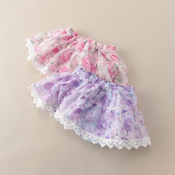 メゾピアノ mezzopiano 水彩バラ柄レースカバーパンツ ラベンダー ライトピンク 紫色 パー...