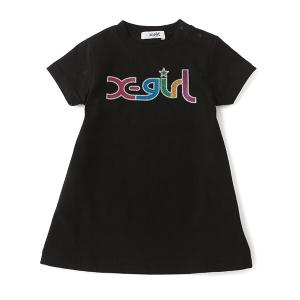 エックスガールステージス X-girl Stages レインボーロゴフレアTシャツワンピース クロ ブラック 80 90 100 110 120 130 140cm｜konyankobrando-kids