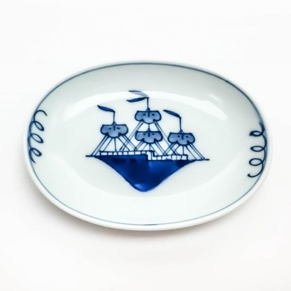 有田焼 青花 絵変り 小判小皿 帆船 S-31-034 小皿 変形小皿 楕円小皿 絵変わり小皿 手描...