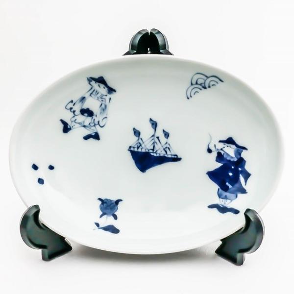 有田焼 青花 子供食器 異人づくし 小判銘々皿 S-32-331 小判皿 楕円小皿 手描き