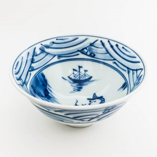 有田焼 青花 長崎紋 3.8寸反飯碗 S-07-021 茶碗 異人柄茶碗 手描き