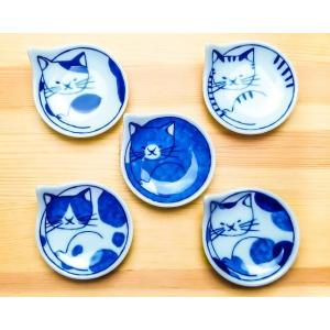 波佐見焼 日本製 豆neco皿 トラ ブチ コテツ ミケ ハチワレ 猫柄 ねこ ネコ 青い食器 和食...