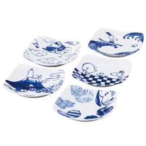 山加商店 YAMAKA 日本製 SNOOPY PEANUTS 縁起もの 角皿５枚組 約12.5cm ...