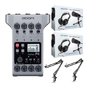 Zoom PodTrak P4 Recorder with Scissor Arms and Podcast Microphone Pack Accessory Bundle (5 Items)