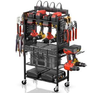 CCCEI Power Tool Organizer Cart with Charging Station, Garage Floor Rolling Storage Cart on Wheels for Mechanic, Mobile 6 Drill, Tool Box Utility Cart