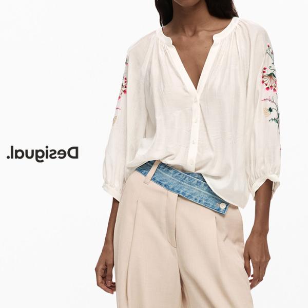 Desigual デシグアル 26SWBW13 レディース 刺繍ブラウス 七分袖 花柄 Vネック カ...