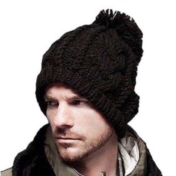 ケーブル編み ボンボン付 ニットワッチ 男女兼用　ブラック・ブラウン・ベージュ