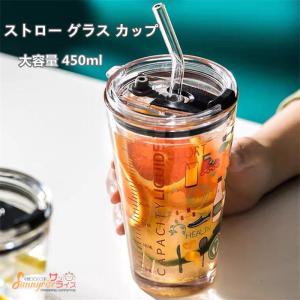 グラスカップ 450ml 耐熱ガラス ガラスカップ マグカップ 透明 ストロー付き 水筒 コーヒーカップ グラスコップ  タンブラー  漏れ防止 直飲み｜KOストア