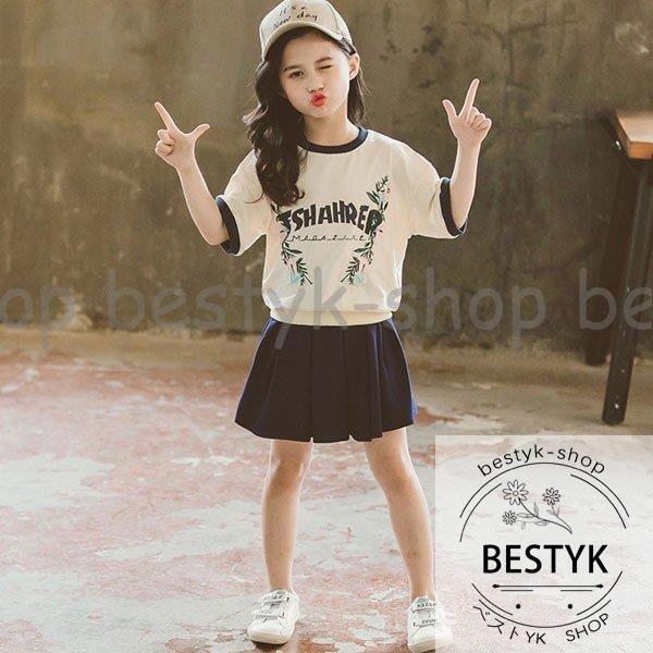 セットアップ キッズ 女の子 夏服 韓国子供服 半袖Tシャツ プリーツスカート 2点セット子供服 綿...