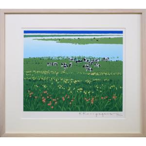 北岡 文雄「海の見える農場」木版画・限定サイン入り□春陽会会員□道