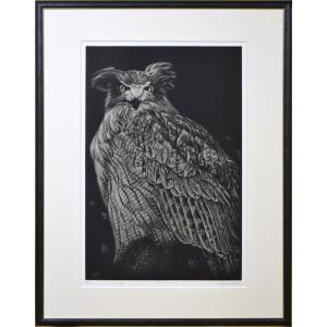 生田宏司「七夕」銅版画 メゾチント 額装 2羽のフクロウ 銀河 宇宙