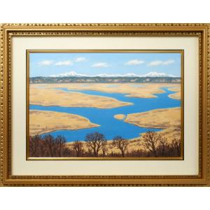 坂本　直行「初冬の霧多布湿原と斜里岳・海別岳の遠望」油絵・M15号■六花亭包装紙で著名■中札内村に美術館【小竹美術】真作保証
