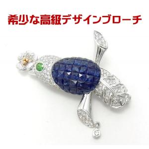 フクロウ ミミズク ダイヤ エメラルド 18金ホワイト製 ブローチ