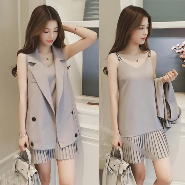 スーツセットアップ レディース 春夏 シフォンスーツセットアップ キャミワンピースプリーツ ノースリ...