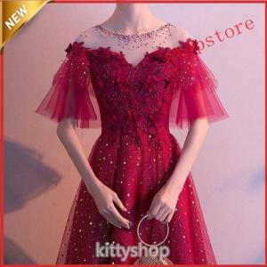 ワイン赤 ドレス 二次会 ゲストドレス ロング イブニングドレス 豪華  発表会ドレス 袖あり 結婚式ドレス 二次会ドレス ウェディング｜Kottonストア