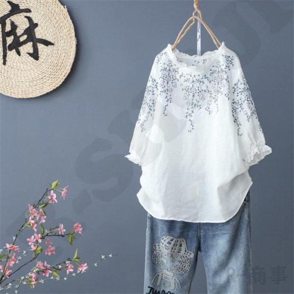 チュニック 春 ブラウス シャツ 半袖 レディース プルオーバー ブラウス ロングシャツ 夏 刺繍 ...