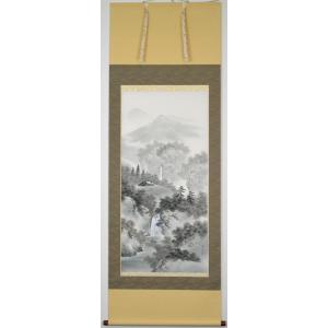 山水掛軸 尺八立 『水墨山水』箕輪 翠香（みのわ すいか）画伯 京緞子