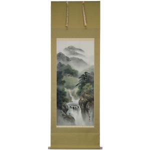 山水掛軸 尺八立 『水墨山水』箕輪 翠香（みのわ すいか）画伯 京緞子