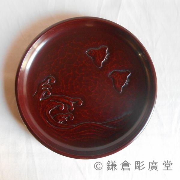 鎌倉彫 丸盆 六寸 波に千鳥