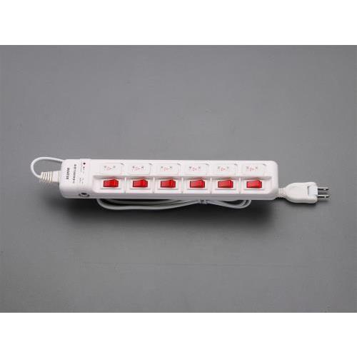 エスコ EA815GL-332A AC125V/15Ax 2m タップ(6口・個別スイッチ・雷サージ...