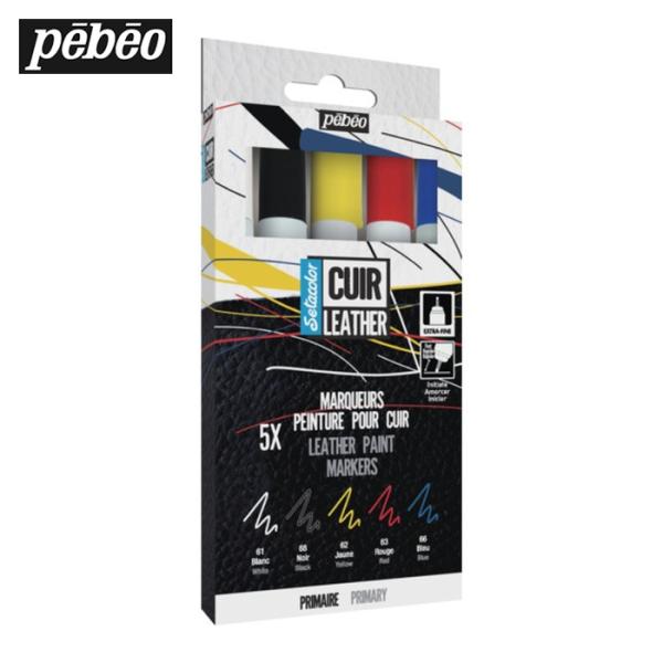 Pebeo セタカラーレザー(革用)マーカー プライマリーカラー(赤・青・黄・白・黒)5色セット (...