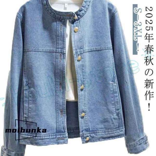 デニムジャケット 春 アウター レディース ノーカラージャケット 長袖 Gジャン デニム ノーカラー...