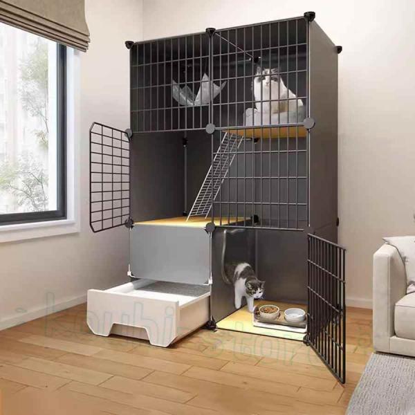引き出し式猫トイレ付き屋内特大猫ケージ、組み立てられた猫の囲いの運動場所猫コンドミニアム、広々として...