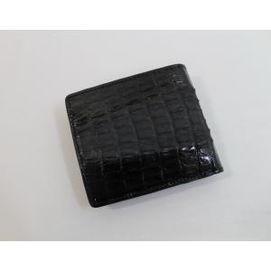 【上代６万円】 クロコダイル 財布 本物 二つ折り カイマン 財布 シャイニング加工 一枚革 センター取り 最上級品 ブラック