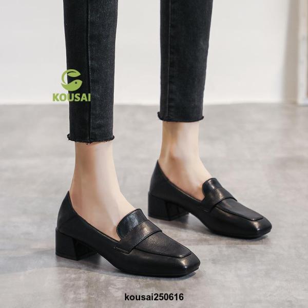 スクエアトゥ パンプス ローファー スリッポン レディース ヒール 秋 5cm 大きい靴 黒 疲れな...