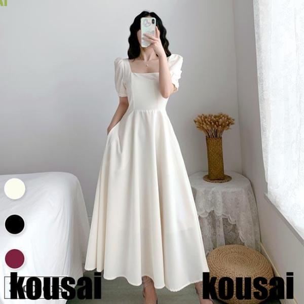 春 夏 半袖ワンピース レディース ワンピース スクエアネック レトロ ロングワンピ 夏 ドレス 半...